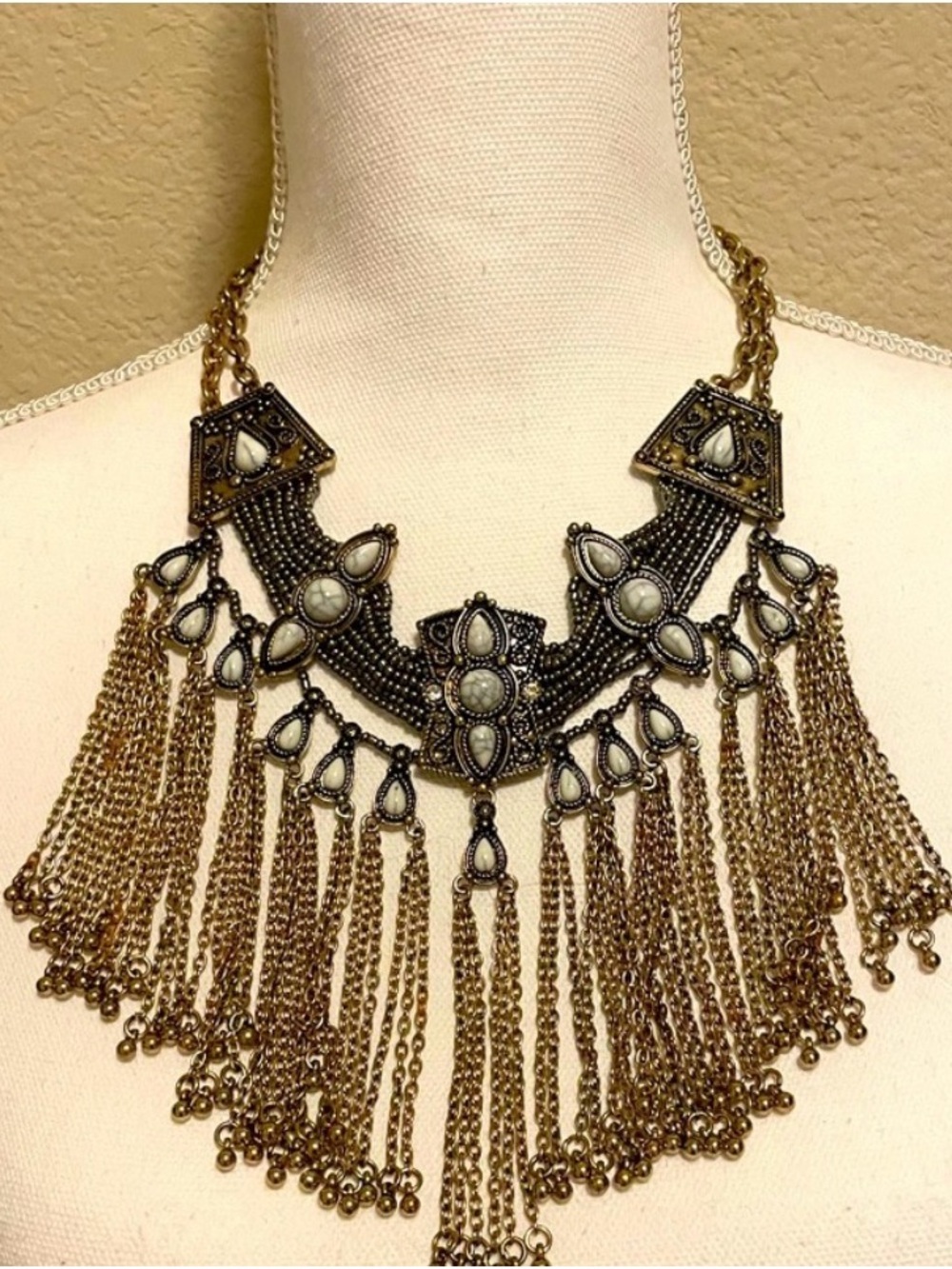 Boho Style Gold Tone Fringe Bib Necklace with White Stone Accents